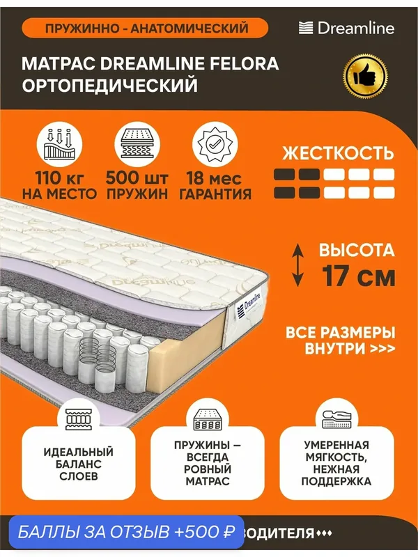 Матрас Dreamline Felora 80х220 серии Lux высота 17 см анатомический средней жесткости Независимые пружины — Dreamline, 500 баллов за отзыв Яндекс Маркет