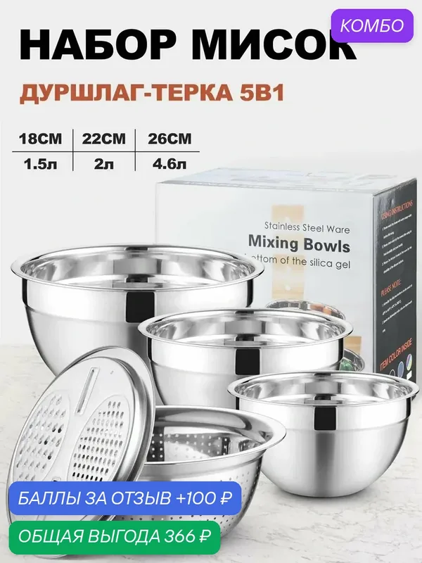 Набор мисок из нержавеющей стали с дуршлагом и теркой 5в1 — промокод и 100 баллов за отзыв Яндекс Маркет