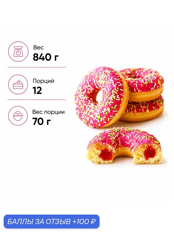 Донат клубничный, замороженный, глазированный, 12 шт. по 70 г. (840 г.), Польша — Dessert Fantasy, 100 баллов за отзыв Яндекс Маркет