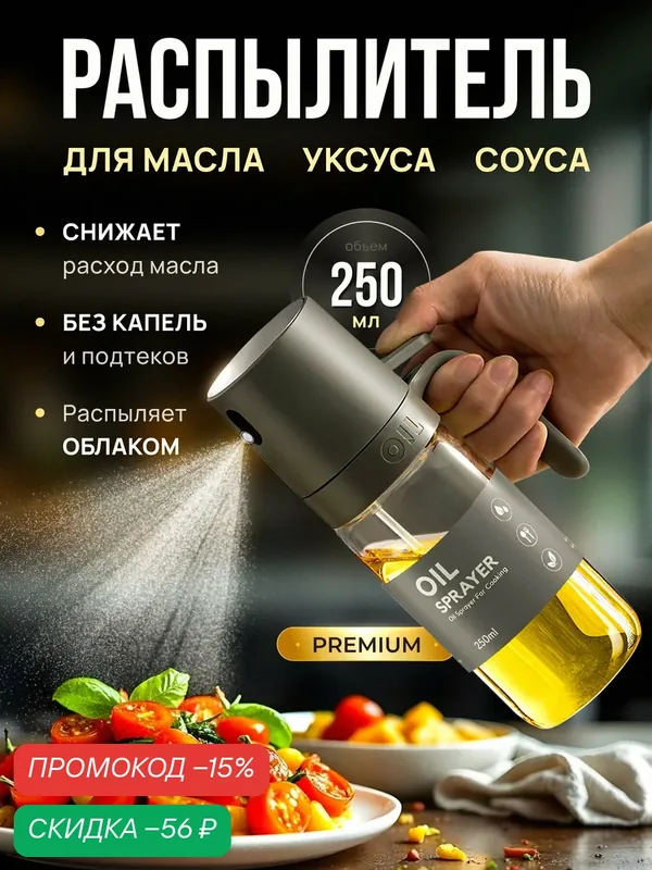 Распылитель SMOLARTs oil bottle, для масла, серый, пластик/стекло — скидка по промокоду Яндекс Маркет