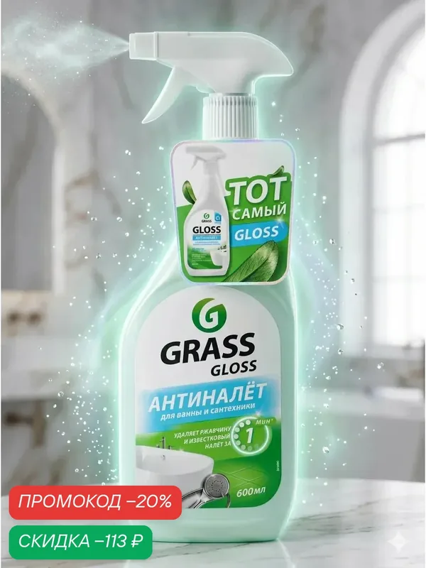 Чистящее средство Grass Gloss антиналет, спрей, для сантехники, 600 мл — GRASS, скидка по промокоду Яндекс Маркет