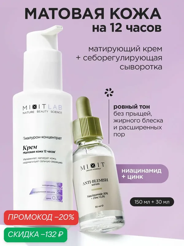 MIXIT LAB косметический набор сыворотка для лица от прыщей с ниацинамидом и крем увлажняющий — MIXIT, скидка по промокоду Яндекс Маркет