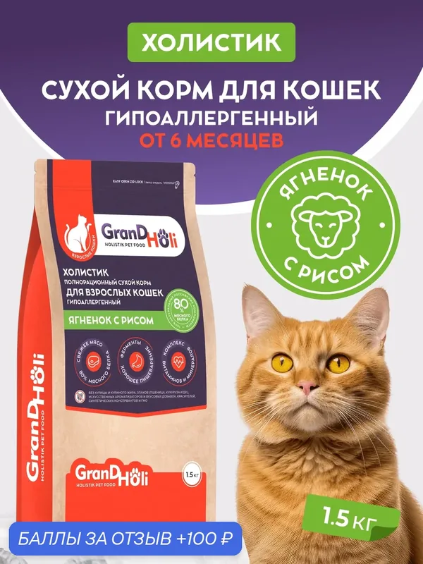 Корм для кошек сухой GRANDHOLI для взрослых гипоаллергенный, холистик "Ягненок с рисом" 1, 5кг — GRANDHOLI, 100 баллов за отзыв Яндекс Маркет