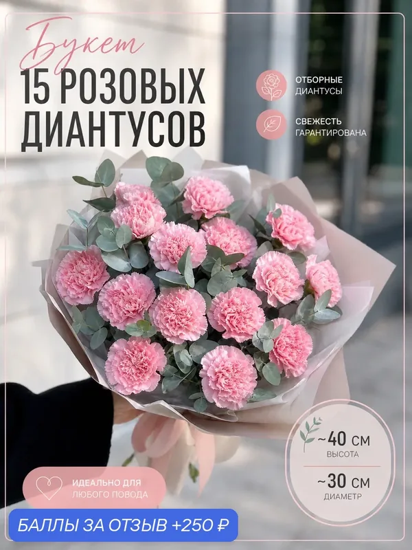 Букет цветов 15 розовых диантусов с доставкой за 1 час, живые цветы премиум, монобукет — Цветочки, 250 баллов за отзыв Яндекс Маркет