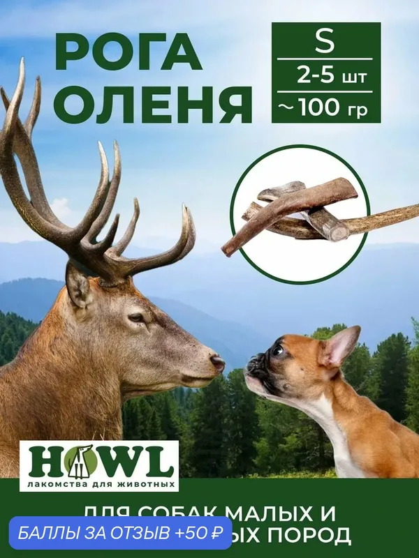 Рога Северного оленя для собак миниатюрных пород (размер S, 7-9 см.) 100 гр. HOWL — HOWL, 50 баллов за отзыв Яндекс Маркет
