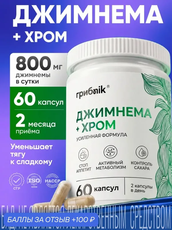 Джимнема + хром 60 капсул, биологически активная добавка, грибnik — грибNik, 100 баллов за отзыв Яндекс Маркет