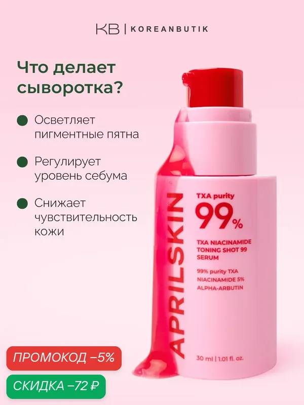Сыворотка для лица осветляющая | APRILSKIN TXA Niacinamide Toning Shot 99 Serum 30ml wys8 — скидка по промокоду Яндекс Маркет