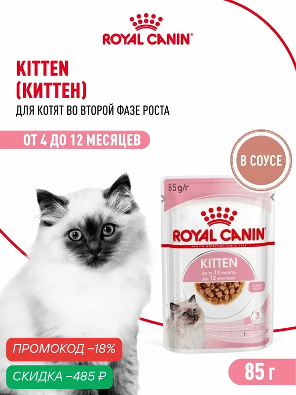 Влажный корм для котят Royal Canin Kitten кусочки в соусе, 28 шт по 85 г — Royal Canin, скидка по промокоду Яндекс Маркет