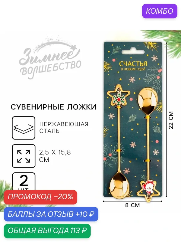 Ложки столовая с подвесами сувенирные «Счастья в Новом году», 15, 8 х 2, 5 см, для подарка на Новый Год. — Сима-ленд, 10 баллов за отзыв Яндекс Маркет