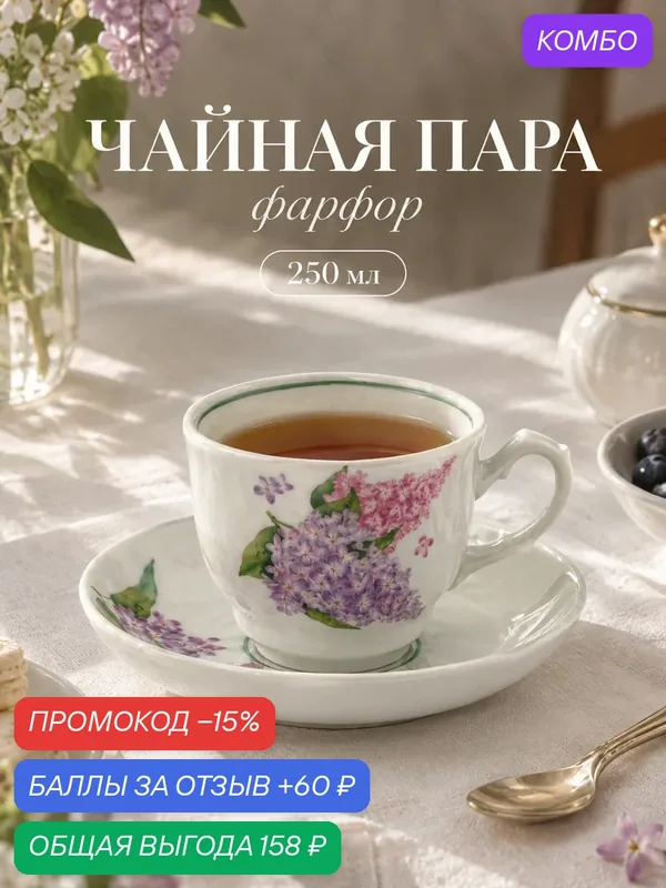 Чайная пара Добрушский завод «Сирень», 2 предмета: чашка 250 мл, блюдце d=15 см, фарфор, белая — Добрушский фарфоровый завод, промокод и 60 баллов за отзыв Яндекс Маркет