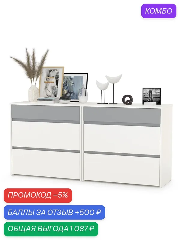 Два комода Торонто, цвет белый шагрень/стальной серый, ШхГхВ 160х40, 3х75, 3 см. — mobi, промокод и 500 баллов за отзыв Яндекс Маркет