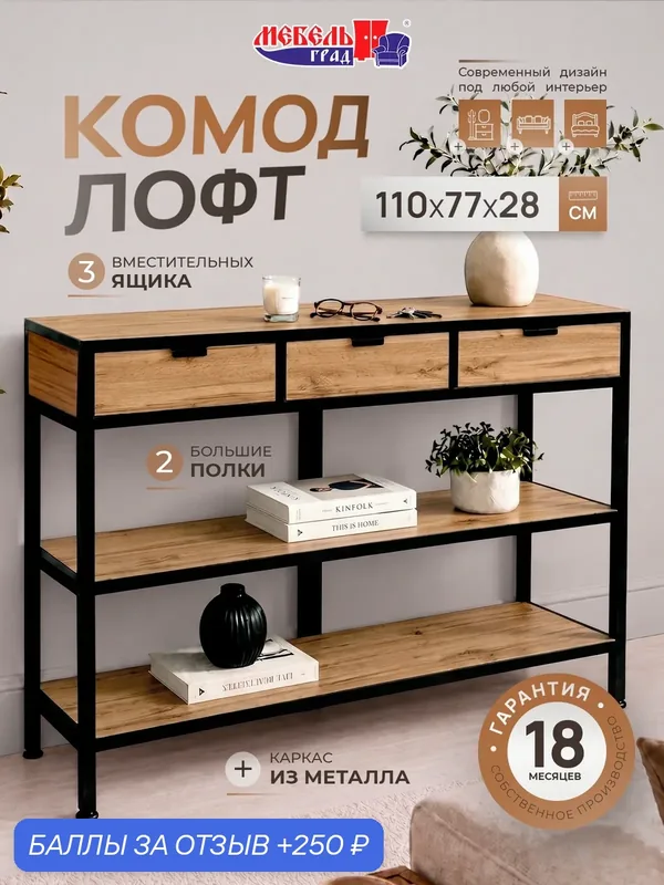 Комод "Нора" лофт с полками и 3 ящиками — МебельГрад, 250 баллов за отзыв Яндекс Маркет