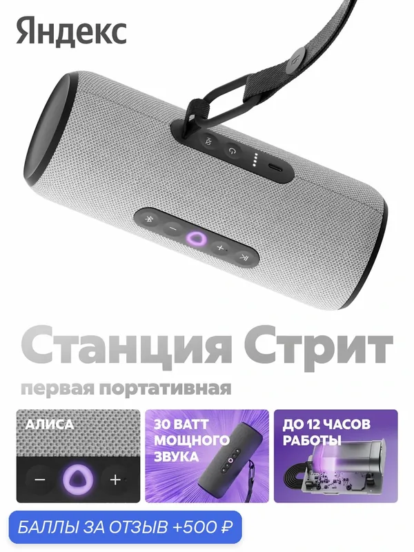Умная беспроводная колонка Яндекс Станция Стрит с Алисой, 30 Вт, серый — Яндекс, 500 баллов за отзыв Яндекс Маркет