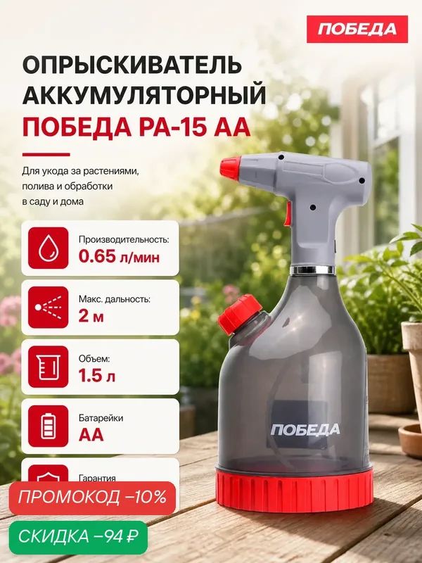 Опрыскиватель аккумуляторный победа РА-15АА, 1.5л, 0.65л/мин — ПОБЕДА, скидка по промокоду Яндекс Маркет