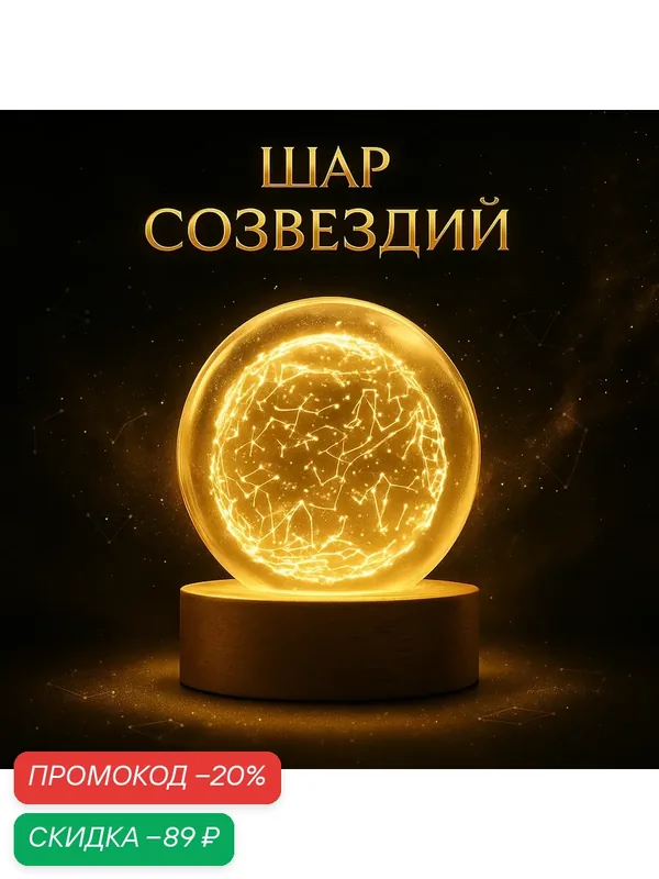 Фигурка светящаяся стекло "Шар созвездий" диаметр 6 см, подставка дерево, USB, размер 6.5×6.5×7.5 см — Сима-ленд, скидка по промокоду Яндекс Маркет