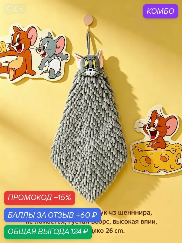 Подвесное полотенце для кота Тома, быстросохнущий материал, хорошо впитывает воду, специально для детей — промокод и 60 баллов за отзыв Яндекс Маркет