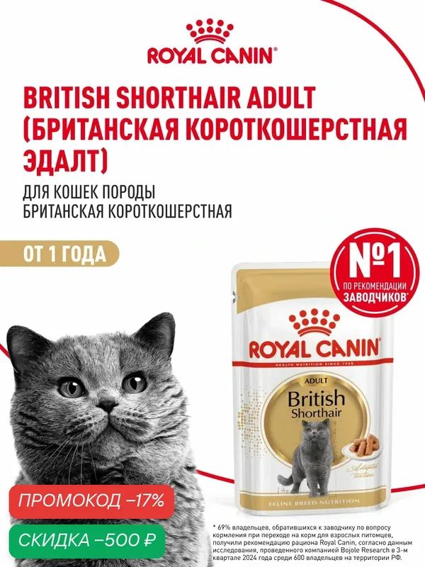 Влажный корм для кошек Royal Canin Adult для британской породы кусочки в соусе, 28 шт по 85 г — Royal Canin, скидка по промокоду Яндекс Маркет