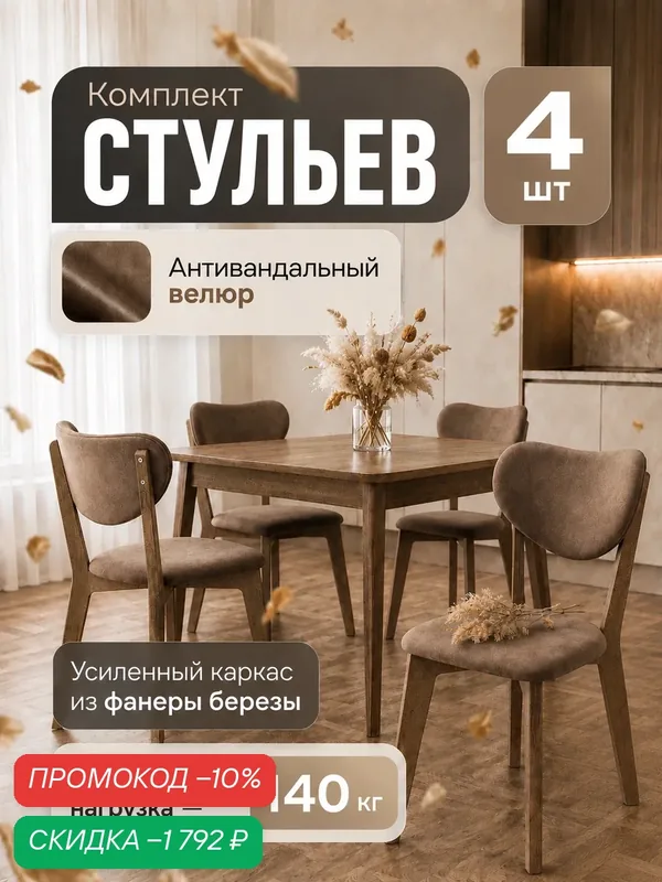 Стулья для кухни 4 шт со спинкой мягкие велюр деревянные — скидка по промокоду Яндекс Маркет