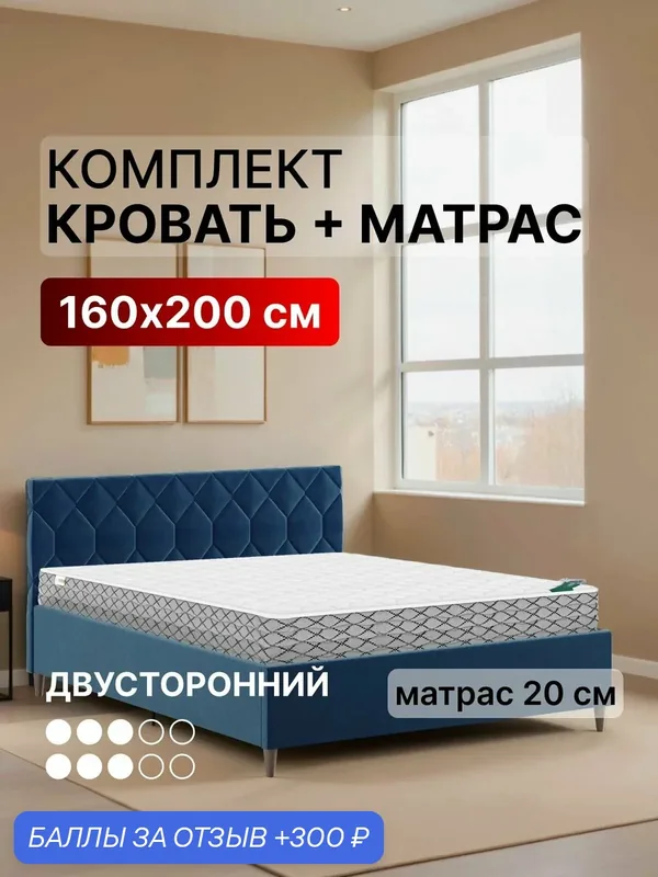 Кровать 160х200 с матрасом с подъемным механизмом двуспальная Техас-М с ящиком для белья, для спальни и дома, велюр синий — Вектор, 300 баллов за отзыв Яндекс Маркет