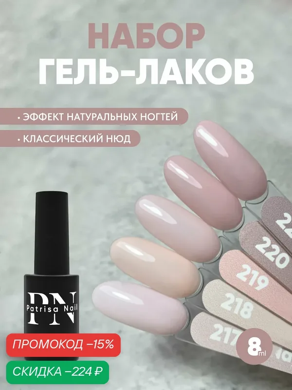Нюдовый гель-лак, набор гель-лаков для ногтей нюд Naked от Patrisa Nail, 5 цветов по 8 мл — Patrisa Nail, скидка по промокоду Яндекс Маркет