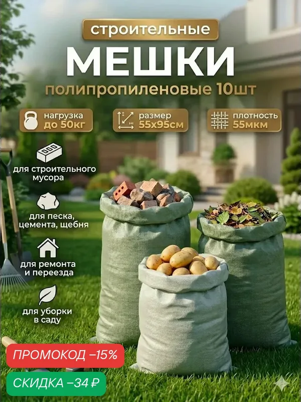 Мешки строительные полипропиленовые набор 10 шт, 55 х 95 см, на 50 кг, зеленый — Сима-ленд, скидка по промокоду Яндекс Маркет