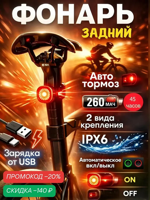 Задний фонарь на велосипед 60 люмен зарядка USB автоматический тормоз 260 мАч авто вкл/выкл IPX6 — скидка по промокоду Яндекс Маркет
