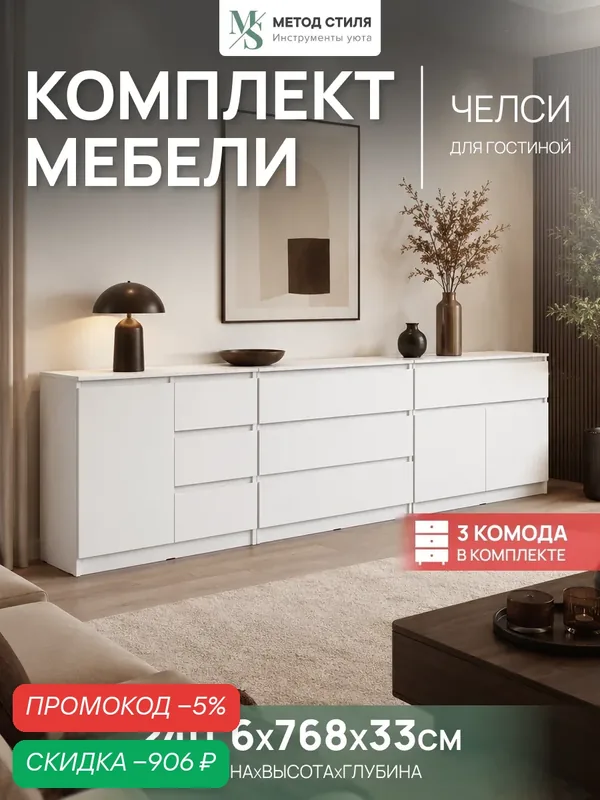 Комплект мебели для гостиной МиФ Челси, современный стиль, ЛДСП, белый глянец — МиФ, скидка по промокоду Яндекс Маркет