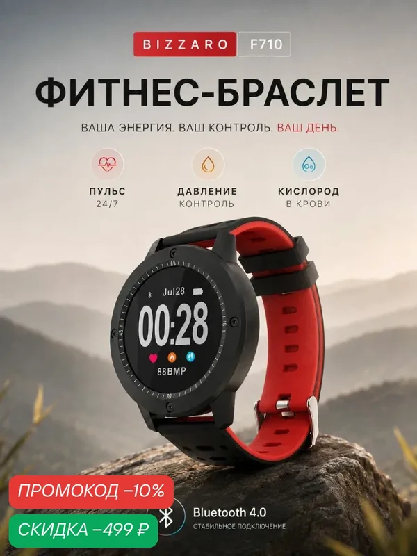 Фитнес-браслет Bizzaro F710 умные смарт-часы с измерением давления, пульса и шагомером. — скидка по промокоду Яндекс Маркет
