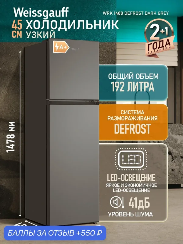 Отдельностоящий холодильник Weissgauff WRK 1480 Defrost Dark Grey — Weissgauff, 550 баллов за отзыв Яндекс Маркет