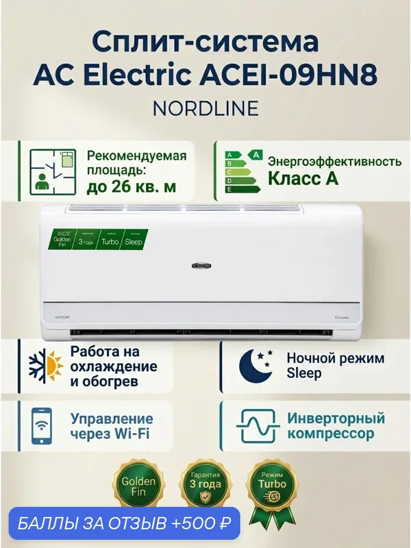 Сплит-система AC Electric ACEI-09HN8, инверторная, пульт ДУ, таймер, вентиляция, A-класс энергопотребления — AC Electric, 500 баллов за отзыв Яндекс Маркет