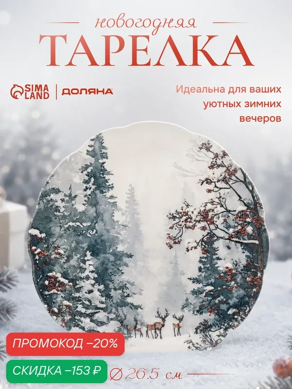 Тарелка новогодняя Доляна «Волшебный север», d=26.5 см, фарфор, белая — Доляна, скидка по промокоду Яндекс Маркет