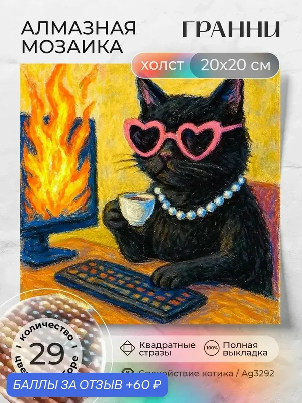 Набор для творчества, алмазная мозаика на холсте "Спокойствие котика" размер 20х20 Ag 3293 — ГРАННИ, 60 баллов за отзыв Яндекс Маркет