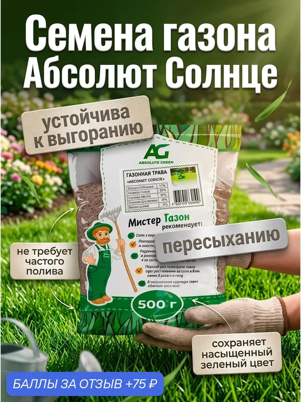 Газонная травосмесь, семена газонной травы Абсолют Солнце, 500 г — Absolute Green, 75 баллов за отзыв Яндекс Маркет