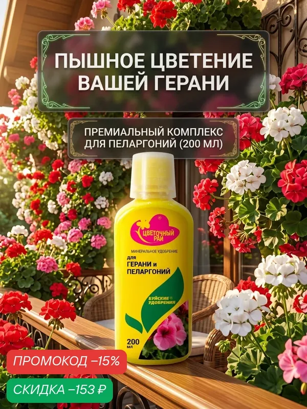 Жидкое удобрение для растений и цветов для герани и пеларгонии, 200 мл — Буйские удобрения, скидка по промокоду Яндекс Маркет