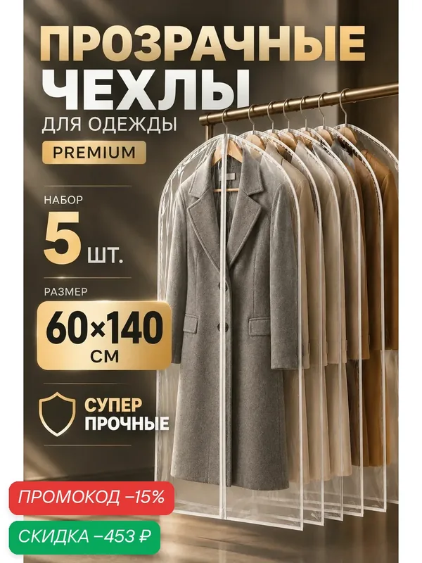 Чехол для одежды на молнии Garment Guard Чехлы для одежды прозрачные 60 х 140 см. набор 5 шт. — скидка по промокоду Яндекс Маркет