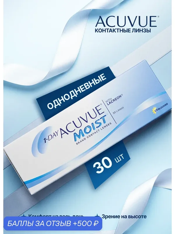 Контактные линзы Acuvue 1-day Moist, однодневные — 3.0, радиус кривизны 8.5, 30шт. — ACUVUE, 500 баллов за отзыв Яндекс Маркет