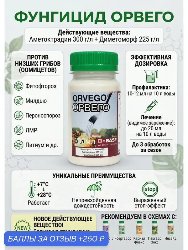 Фунгицид Орвего, против фитофтороза, милдью, ЛМР, пероноспороза, питью и др. 200 мл — 250 баллов за отзыв Яндекс Маркет