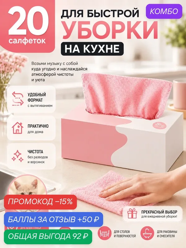 Салфетки многоразовые для быстрой уборки дома 20шт/ салфетки из микрофибры для уборки кухни — WJB, промокод и 50 баллов за отзыв Яндекс Маркет