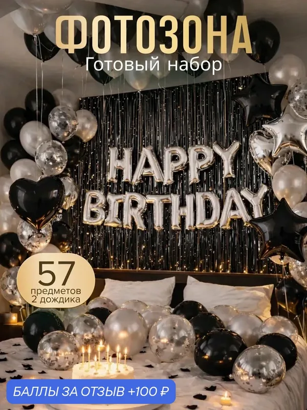 Фотозона на День Рождения из шаров, Happy Birthday, черный хром — 100 баллов за отзыв Яндекс Маркет
