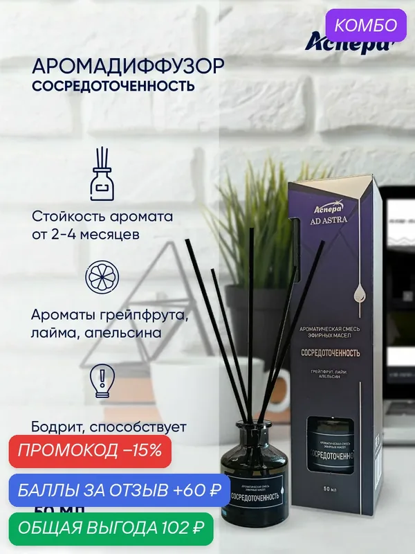 Диффузор для дома с палочками "Сосредоточенность" с ароматом грейпфрута, лайма и апельсина, 50 мл — Аспера, промокод и 60 баллов за отзыв Яндекс Маркет