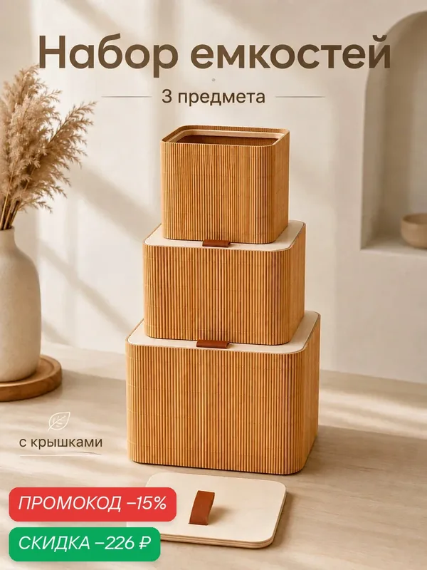 Органайзер для хранения 3 предмета 15х15х13 см, 12х12х10 см, 10х10х8 см ELCASA с крышками, квадратные. Набор — EL CASA, скидка по промокоду Яндекс Маркет