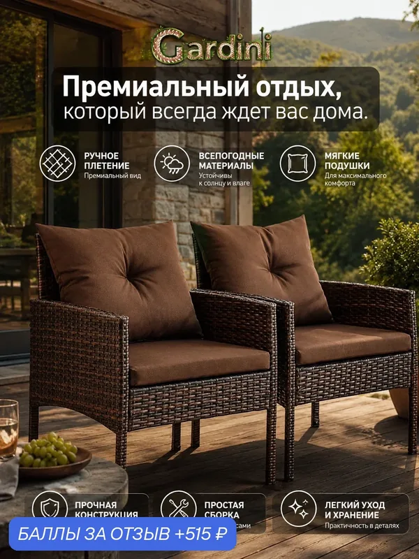 Комплект кресел GARDINI Фьорд-2 из искусственного ротанга, шоколад — Gardini, 515 баллов за отзыв Яндекс Маркет
