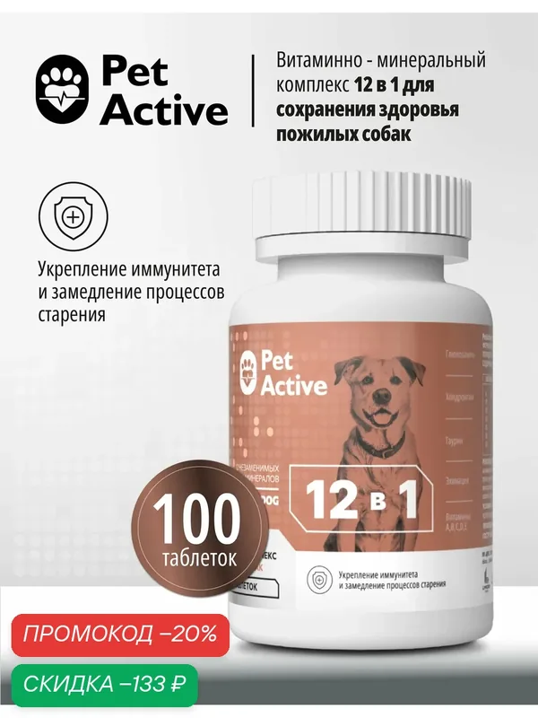 PetActive витаминно - минеральный комплекс 12 в 1 для сохранения здоровья пожилых собак, 100 таблеток — Pet Active, скидка по промокоду Яндекс Маркет