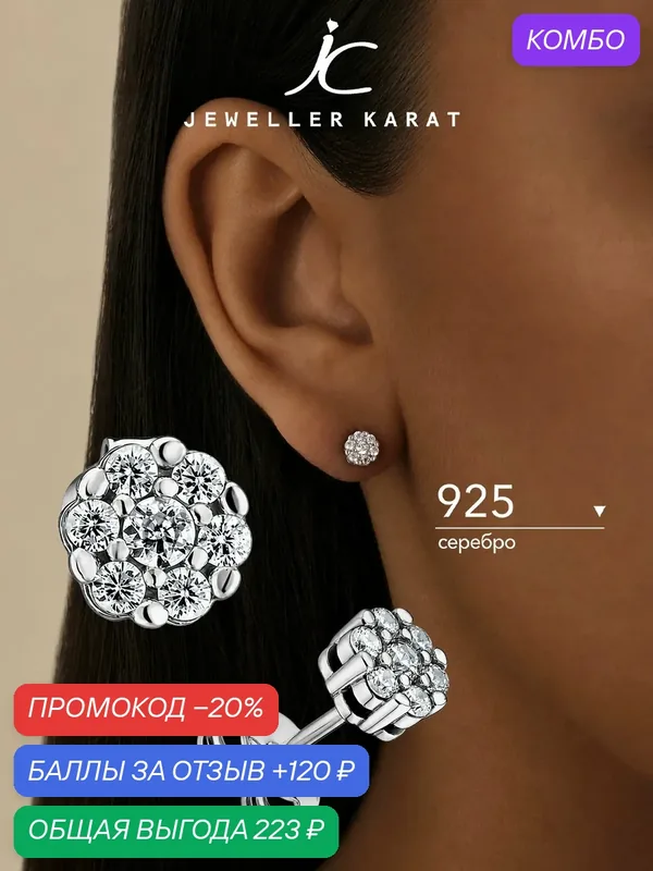 Серьги пусеты, 925 проба, родирование, фианит — Ювелир Карат, промокод и 120 баллов за отзыв Яндекс Маркет