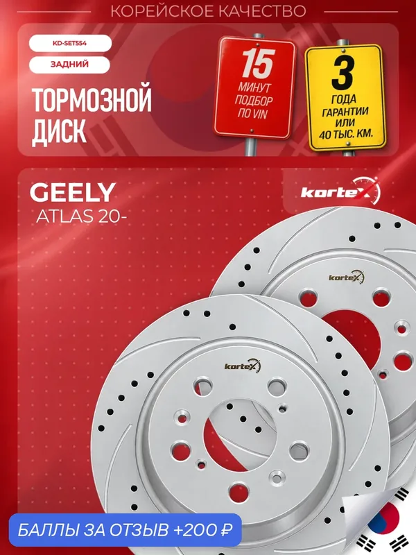 Комплект задних тормозных дисков для Geely ATLAS PRO, 308 мм, Geomet, перфорация и насечки, 2 шт. — KORTEX, скидка по промокоду Яндекс Маркет