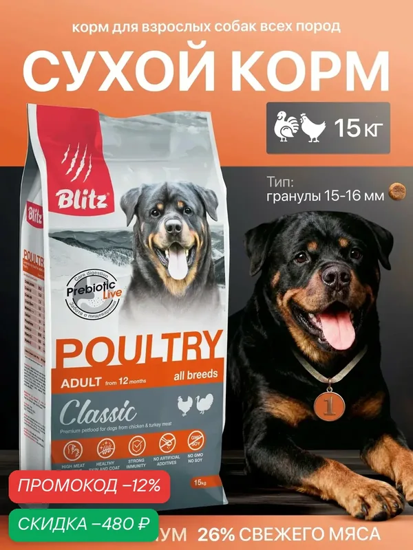 Сухой корм Blitz Classic, для взрослых собак всех пород, со вкусом домашней птицы, 15 кг — Blitz, скидка по промокоду Яндекс Маркет