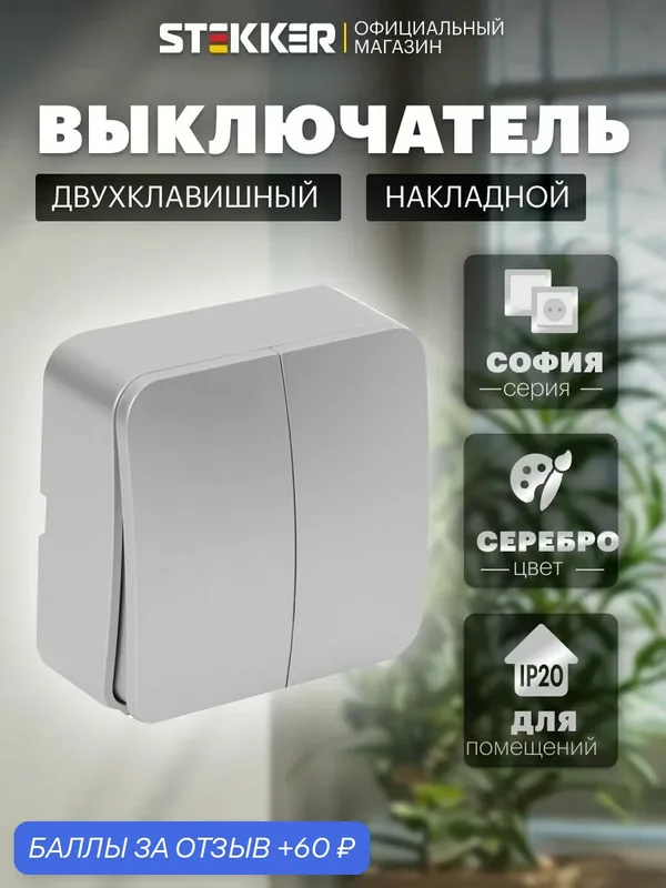 Выключатель двухклавишный накладной, серебро, Stekker MSW10-20-03 София 49297 — STEKKER, 60 баллов за отзыв Яндекс Маркет