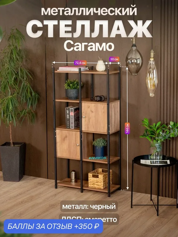 Стеллаж металлический с дверцами и полками в стиле лофт Сагамо черный/коричневый — Anvikor, 350 баллов за отзыв Яндекс Маркет
