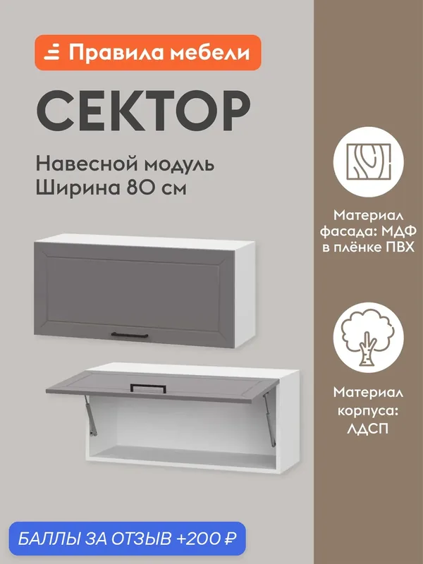 Кухонный модуль навесной, шкаф Сектор с полками, 80х29.6х36 см, Белый / Грей — Правила мебели, 200 баллов за отзыв Яндекс Маркет