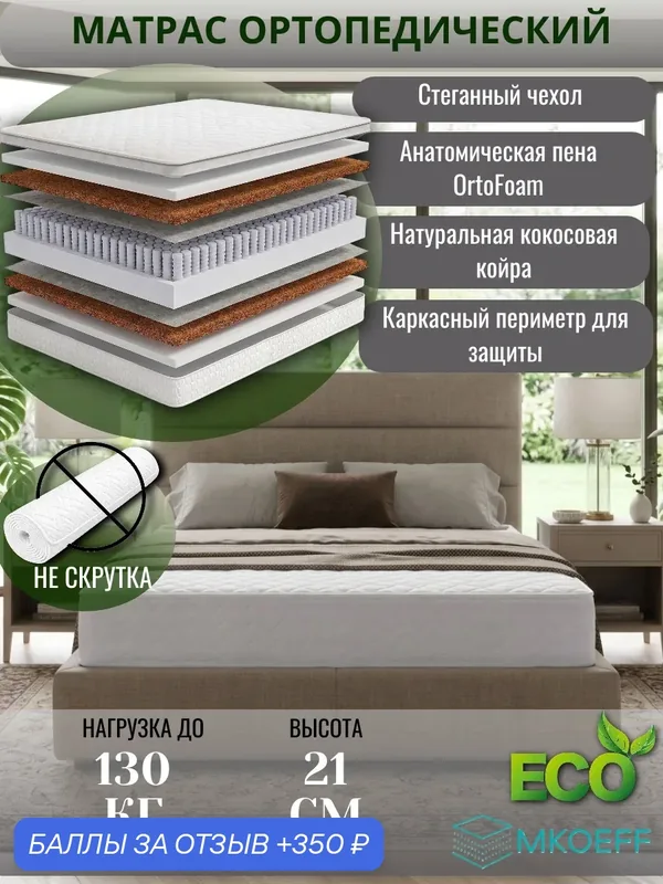 Матрас MKOEFF "Optima " 190х200х21 см. ортопедический. Двусторонний, средняя жесткость. С кокосом. — MKOEFF, 350 баллов за отзыв Яндекс Маркет
